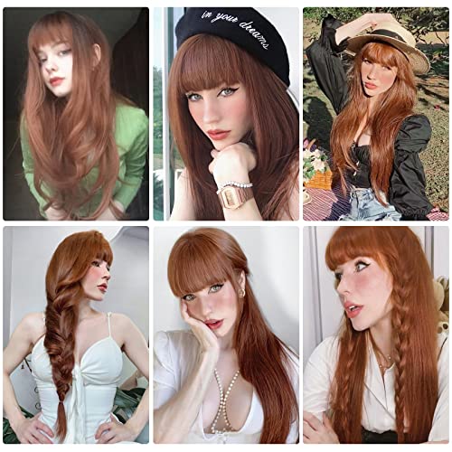 Long Auburn Wig with Bangs: Layered Curly Orange Wigs for Women