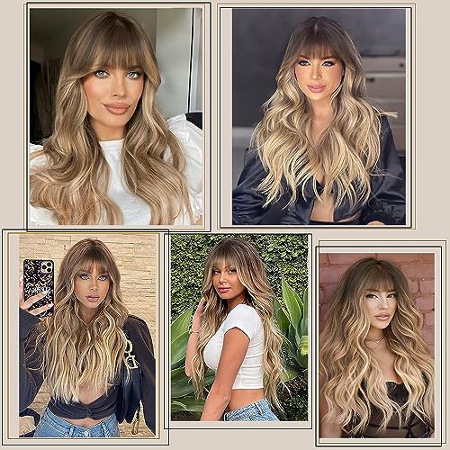 Ombre Blonde Wig for Women: Long Wavy Curly Synthetic Wig with Dark Roots