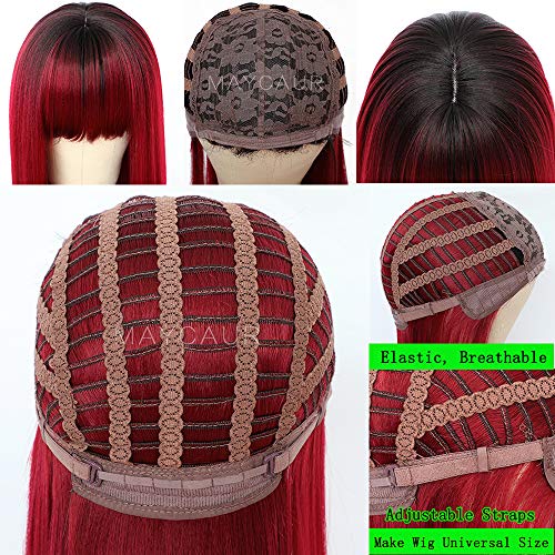 Maycaur Red Synthetic Hair Wig with Full Bangs for Fashion Women