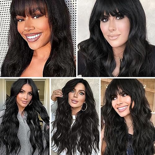 Black Wig with Bangs for Women Long Wavy Hair